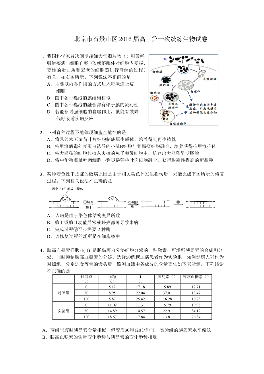 2016年北京市石景山区高三一模生物试题含答案.docx_第1页