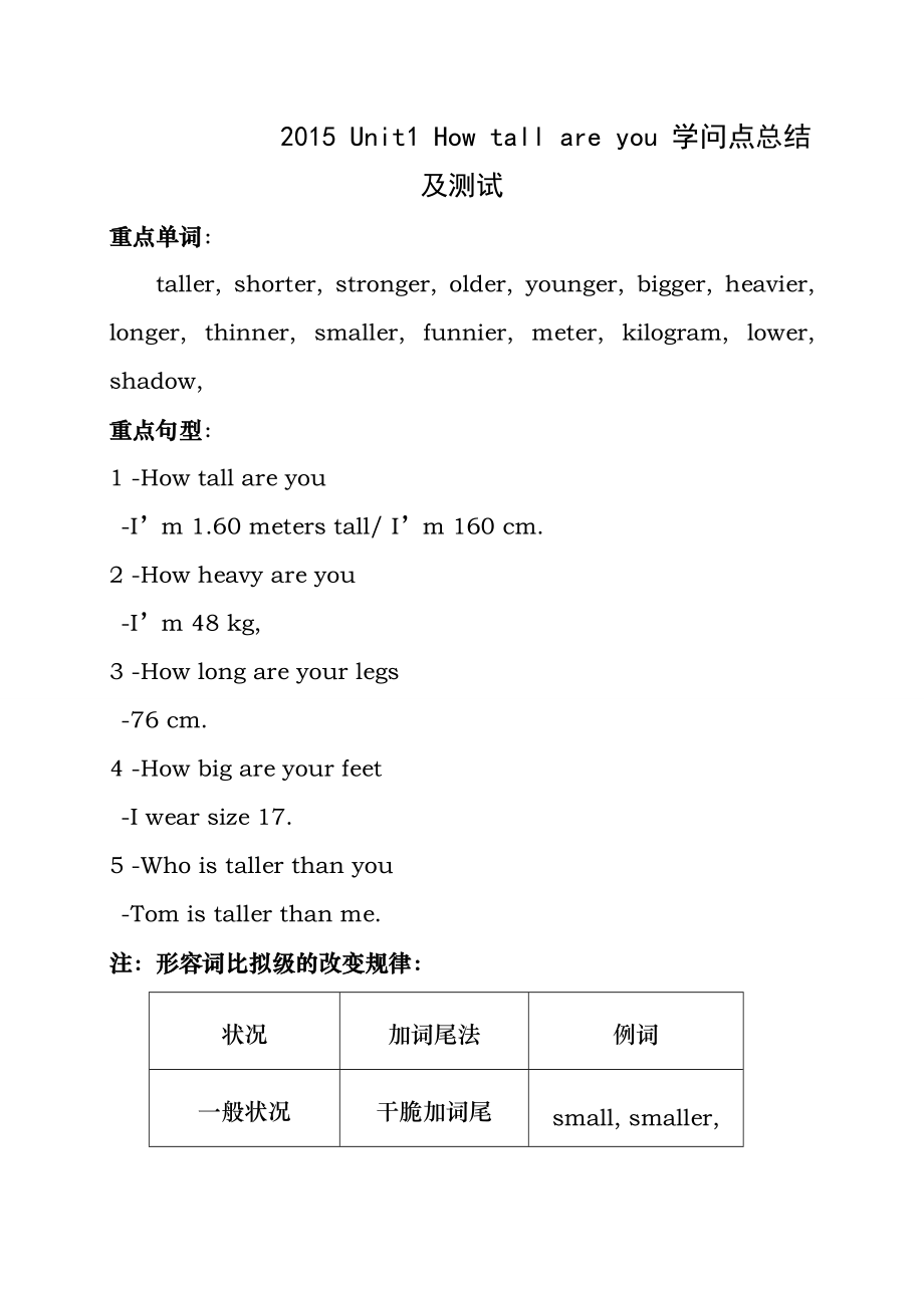 2015年最新PEP六年级下册Unit1-how-tall-are-you单元测试及知识点归纳.docx_第1页