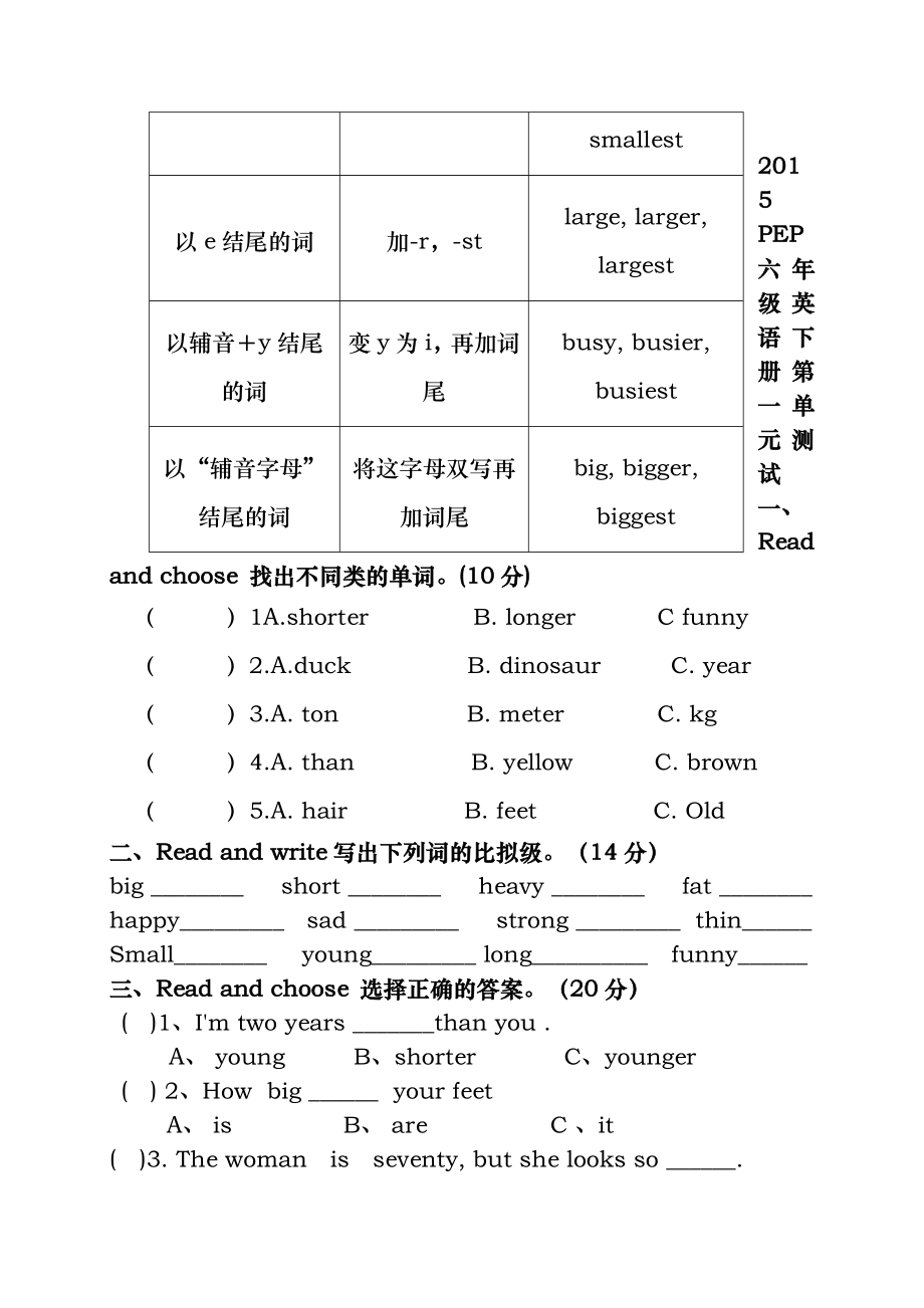 2015年最新PEP六年级下册Unit1-how-tall-are-you单元测试及知识点归纳.docx_第2页