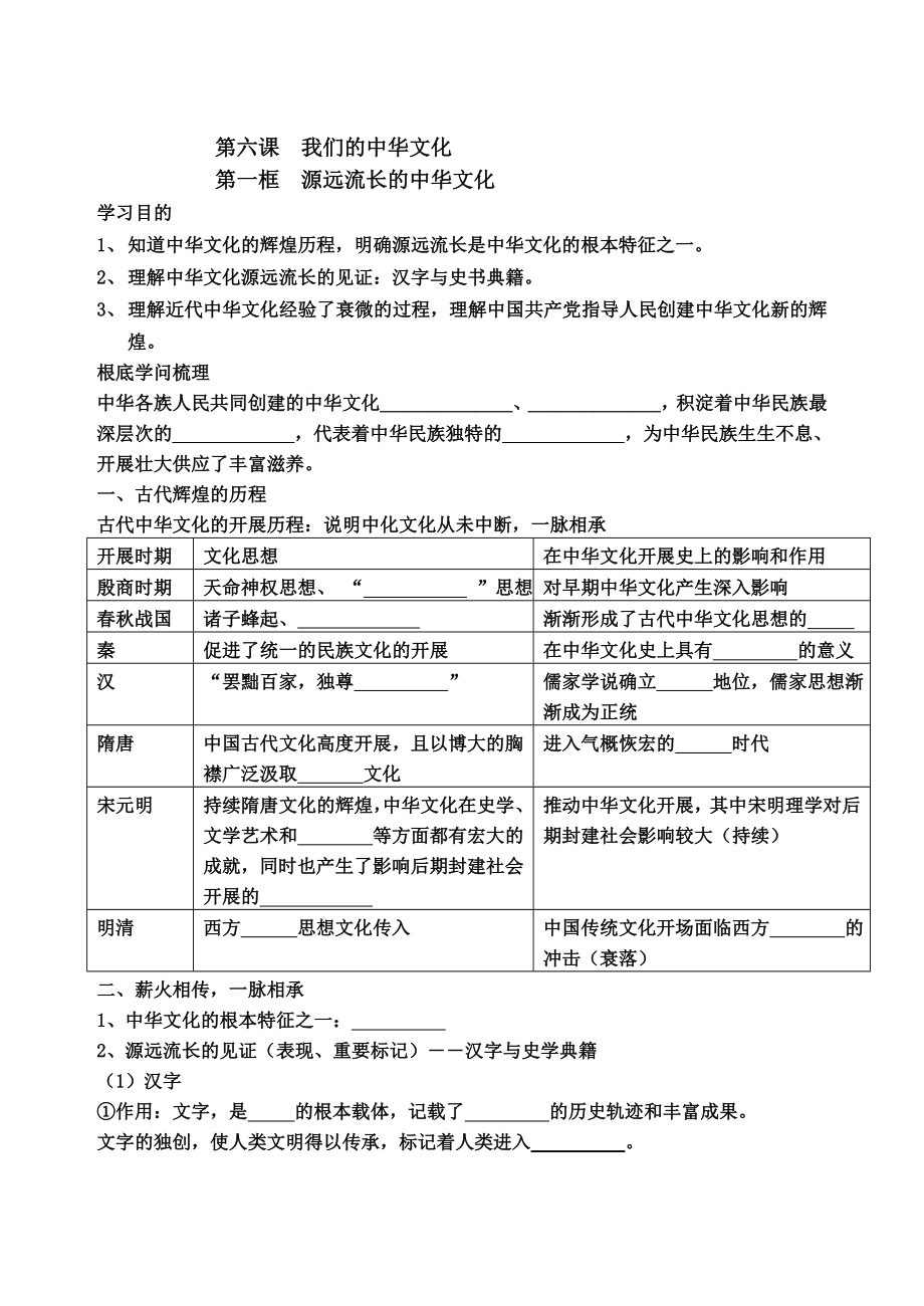 2016高中政治必修三第六课61源远流长的中华文化学案及答案.docx_第1页