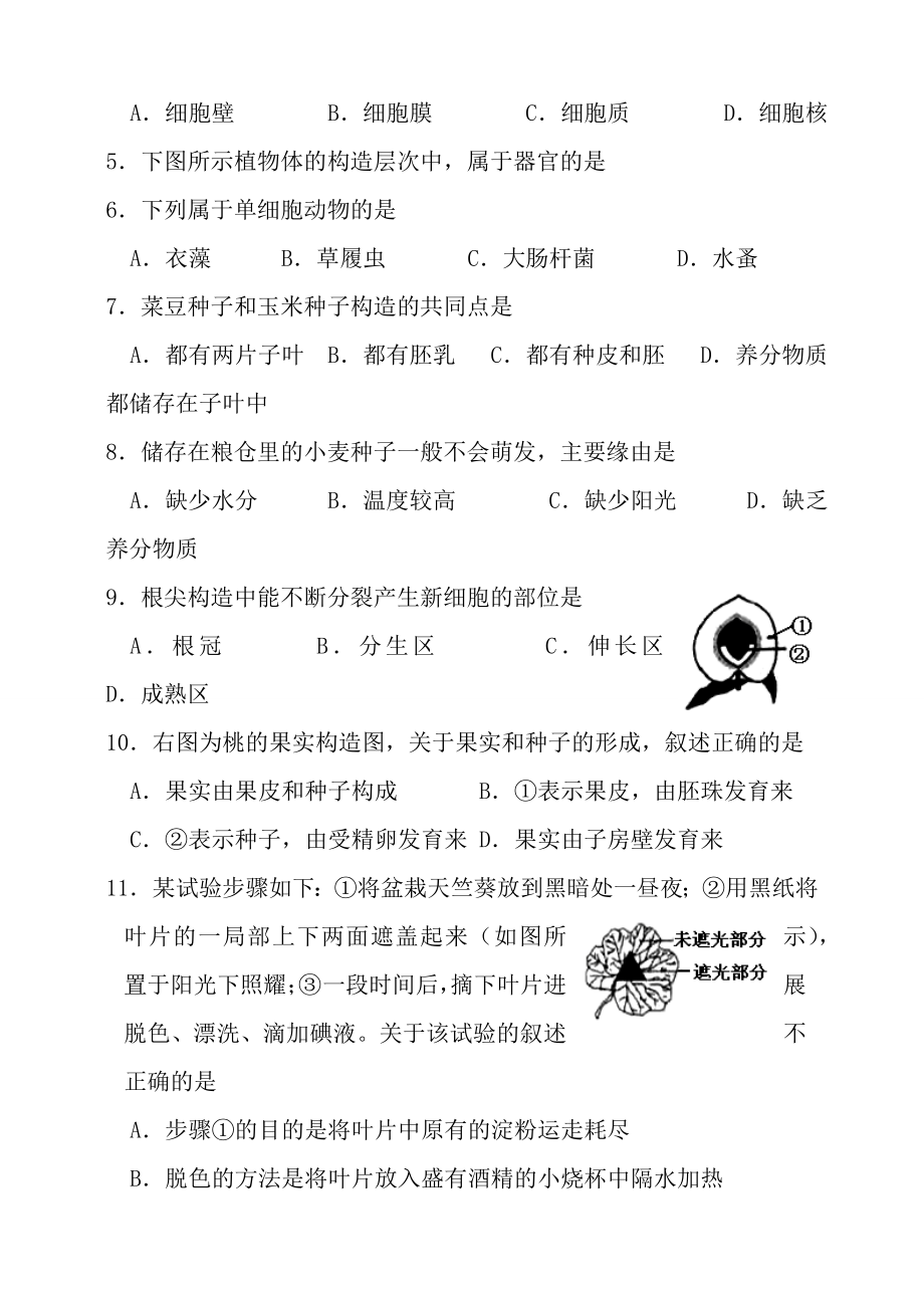 2016年云南省初中学业水平考试生物学试题卷及答案.docx_第2页