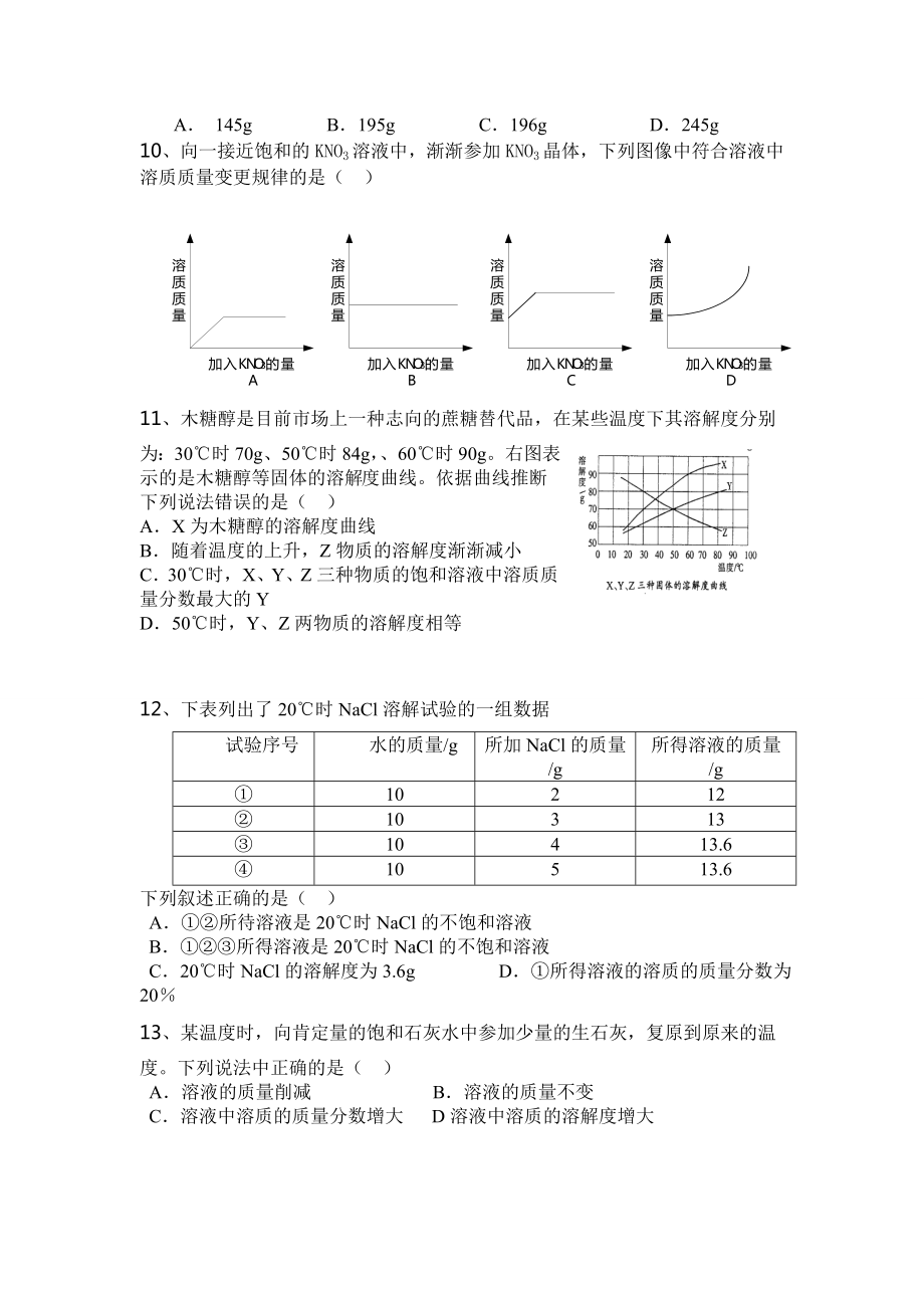 人教版初中化学第九单元溶液单元测试题及复习资料.docx_第2页