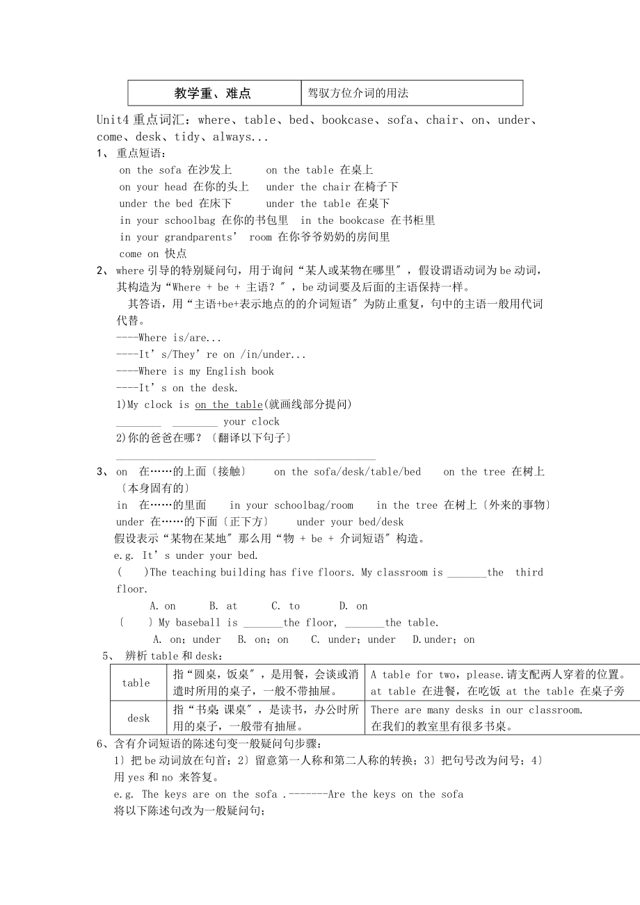 人教版七年级上册英语知识点全第四单元unit4知识点.docx_第1页