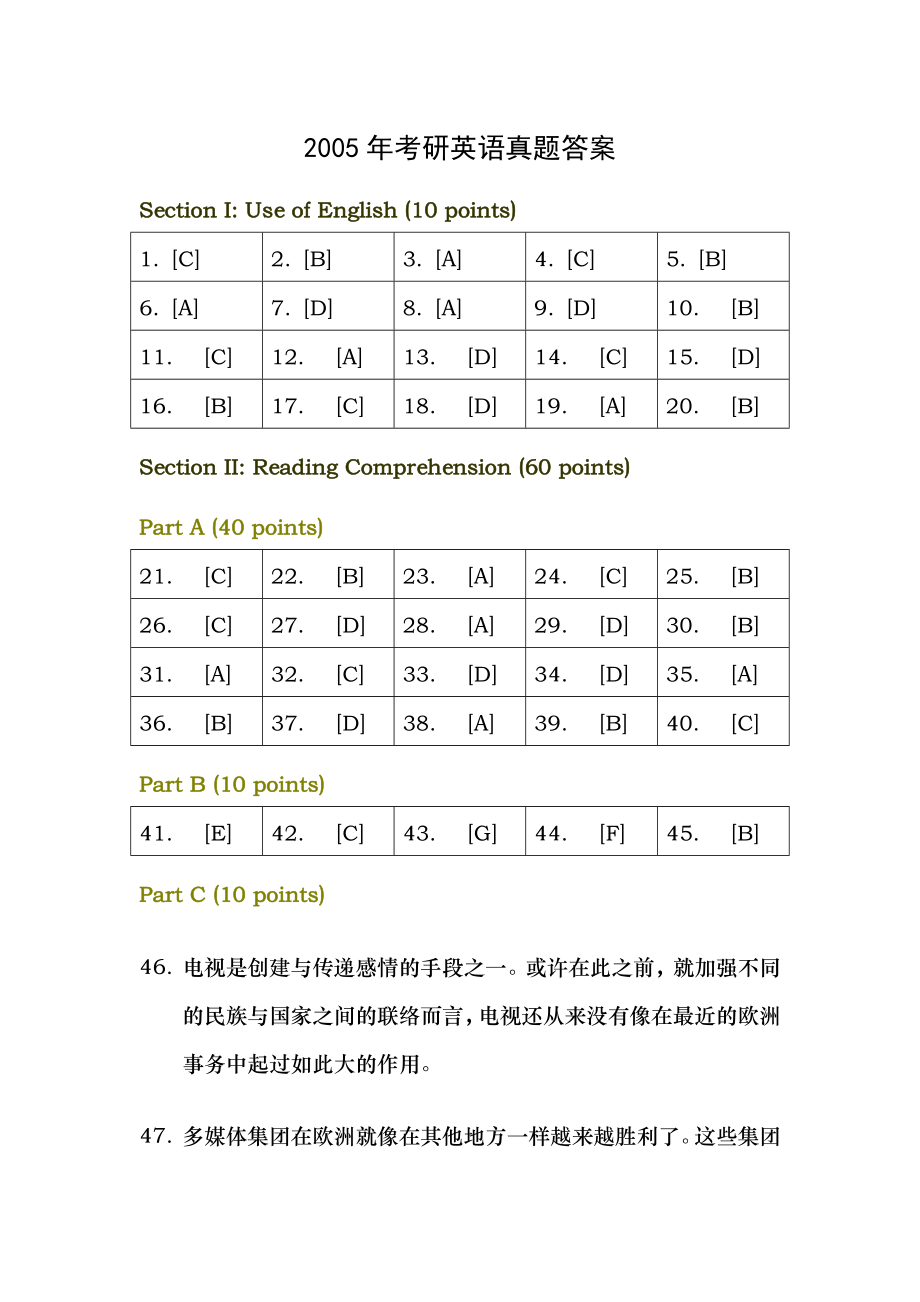 2005年全国硕士研究生入学统一考试英语试题答案.docx_第1页