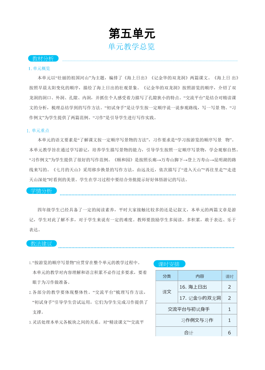 人教版四年级下册语文 第5单元 单元教学总览.docx_第1页