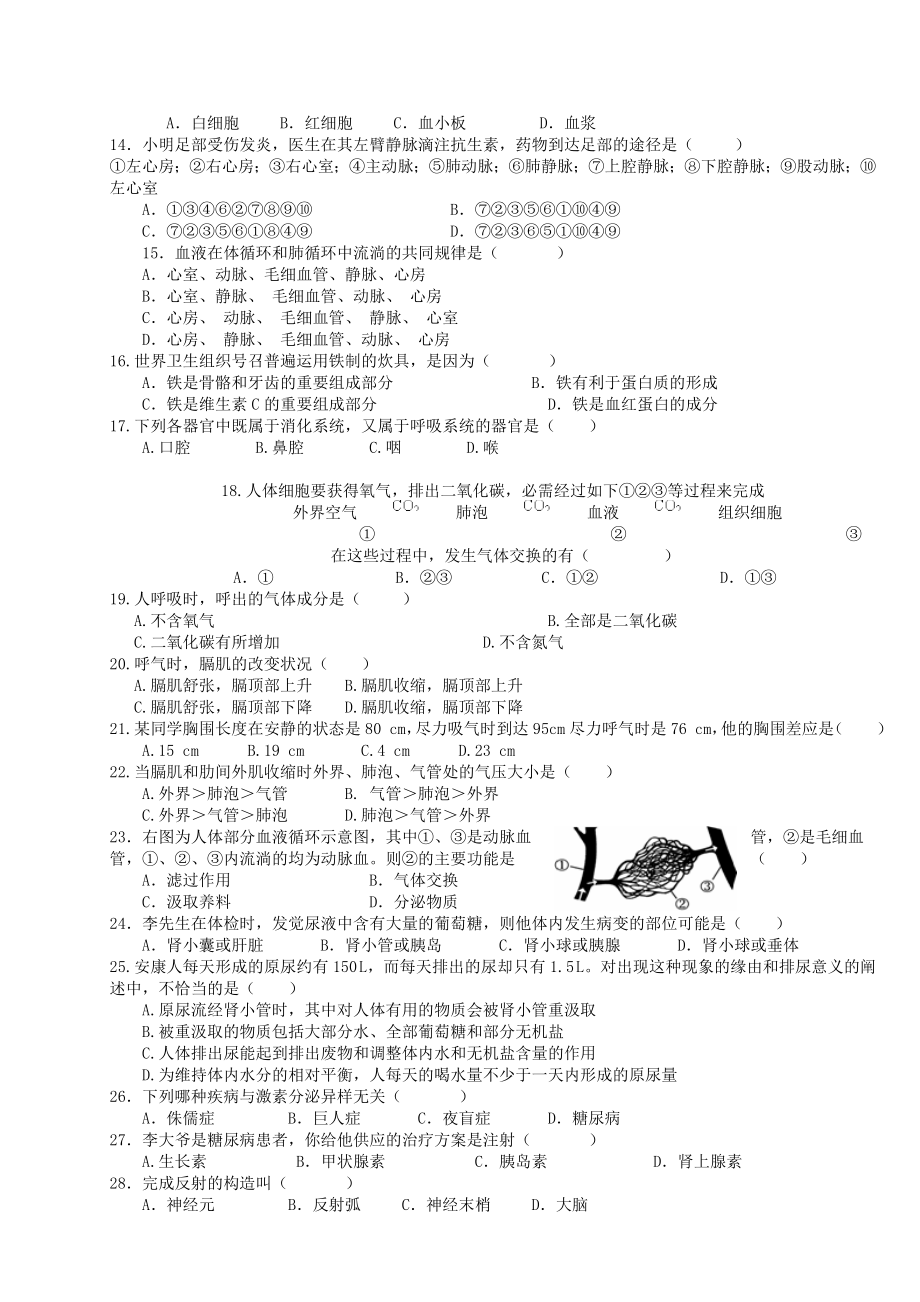 20172018人教版七年级下册生物期末测试题及答案.docx_第2页