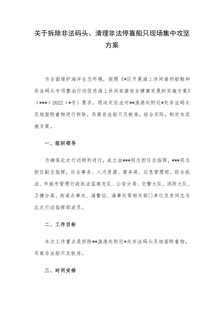 关于拆除非法码头、清理非法停靠船只现场集中攻坚方案.docx_第1页