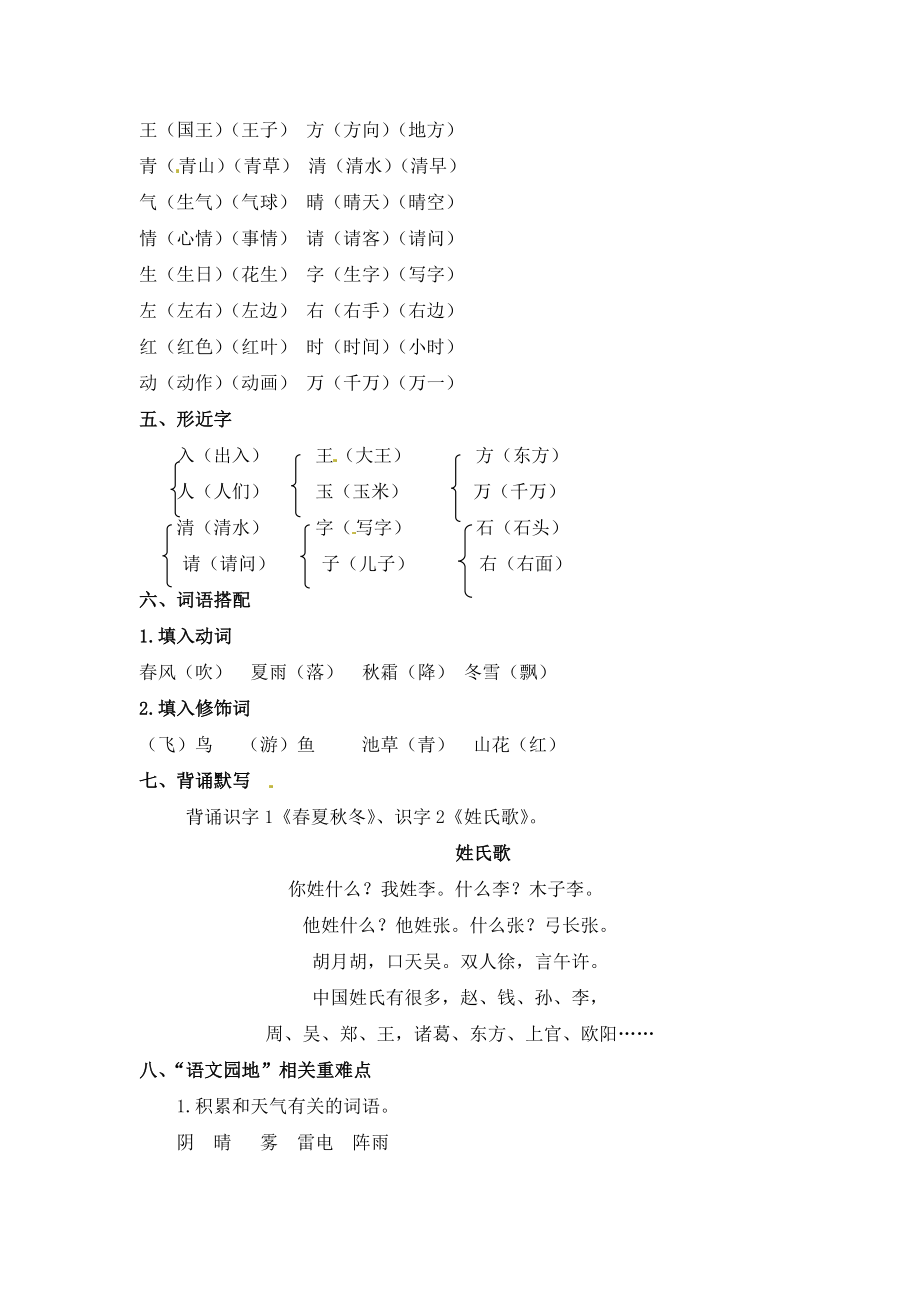 一年级下册语文素材－单元知识梳理 第一单元复习重点｜人教（部编版）.docx_第2页