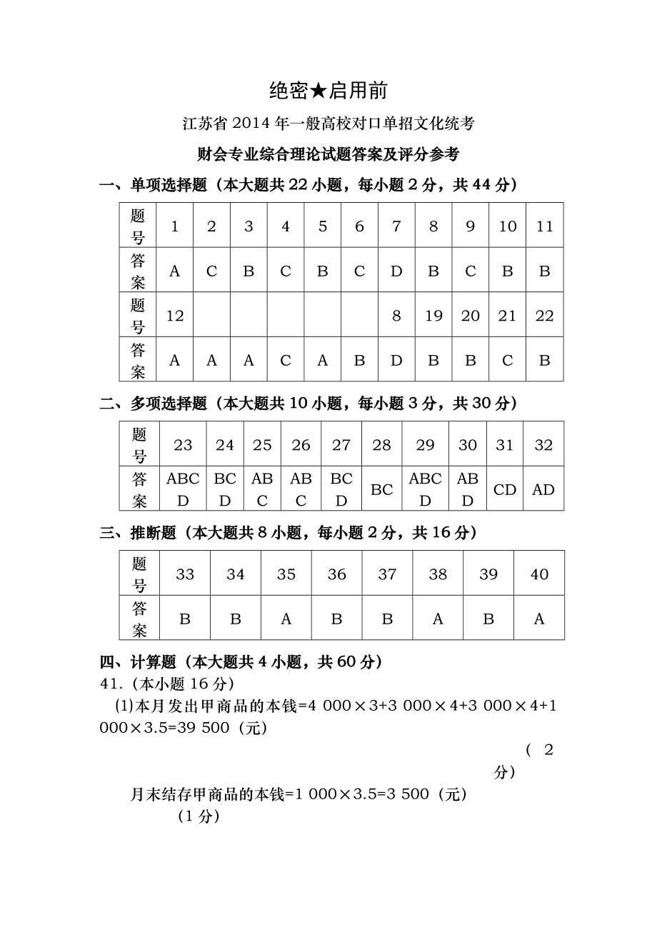 2014年江苏对口单招财会高考试卷答案.docx_第1页