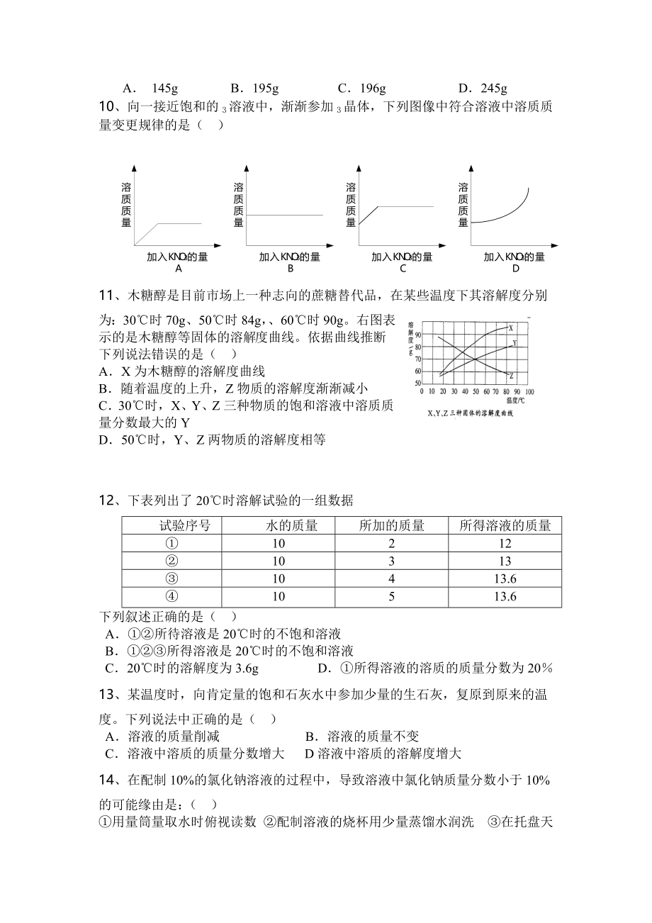 人教版初中化学第九单元溶液单元测试题及答案.docx_第2页