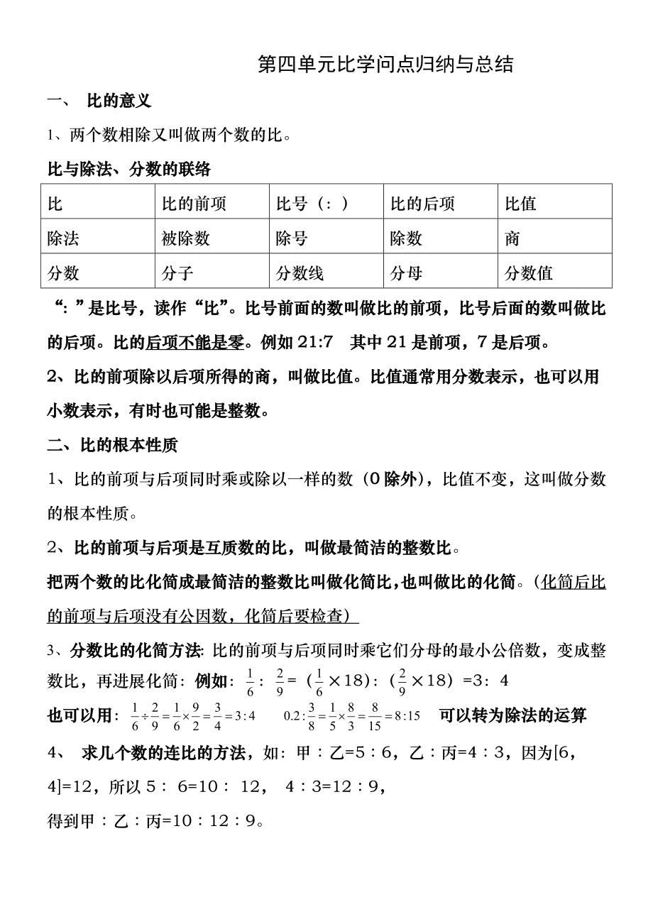 人教版六年级上册数学第四单元比的知识点总结.docx_第1页