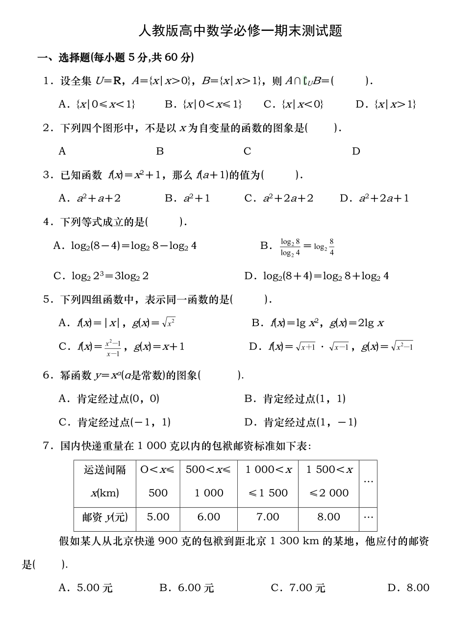 人教版高中数学必修一期末测试题及复习资料.docx_第1页