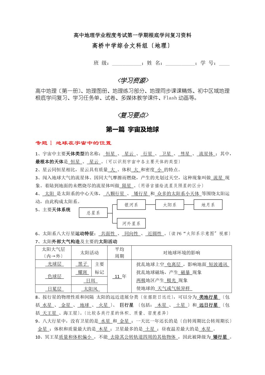 高中地理学业水平考试第一学期基础知识复习资料.docx_第1页