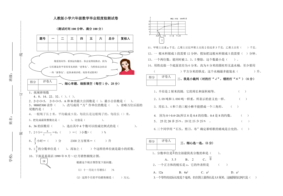 人教版小学六年级数学毕业水平检测试卷附试卷命题意图参考答案及评分标准.docx_第1页