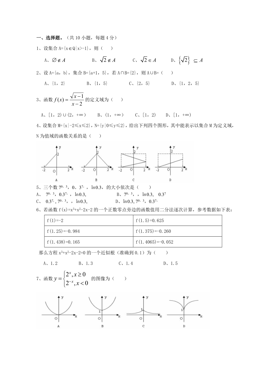 高一数学必修一期末试卷及复习资料80920.docx_第1页