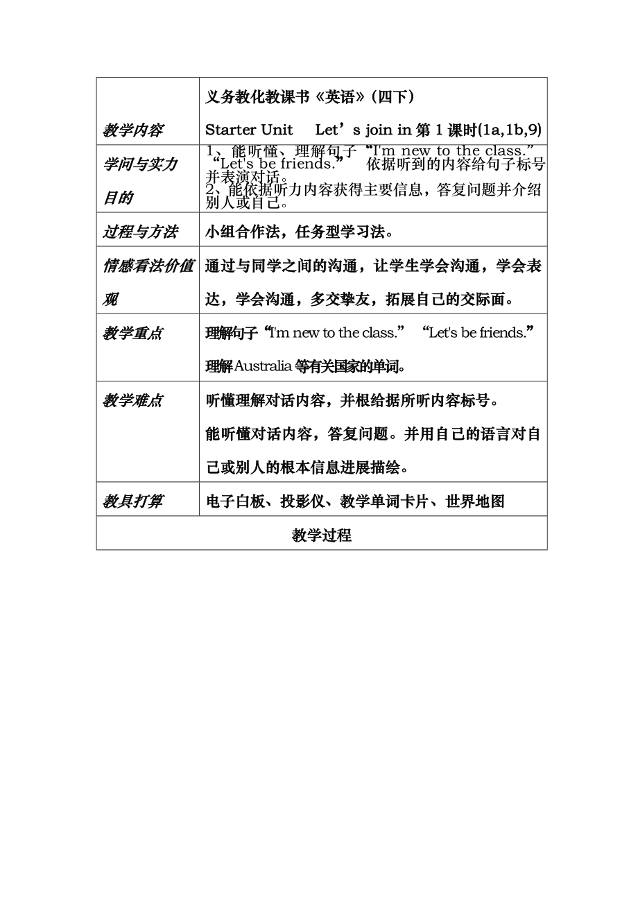 Joinin新版小学英语四年级下册starterunit教案.docx_第1页