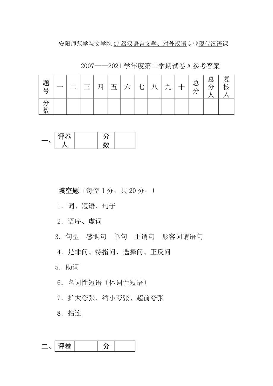 安阳师范学院2007级汉语言文学对外汉语专业现代汉语课20072008学年度第二学期考试试卷答案一.docx_第1页