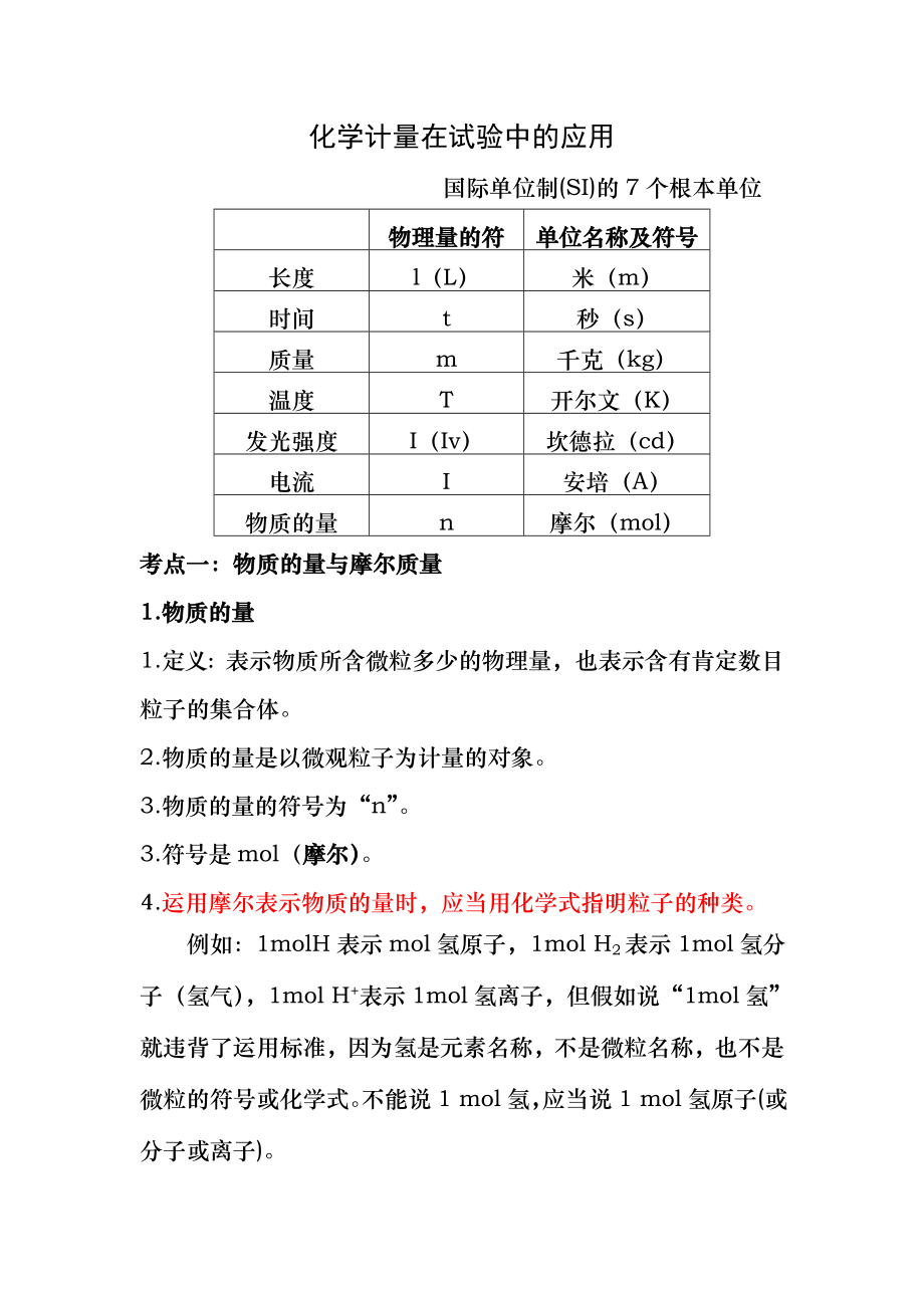 高一化学物质的量知识点归纳2总结.docx_第1页