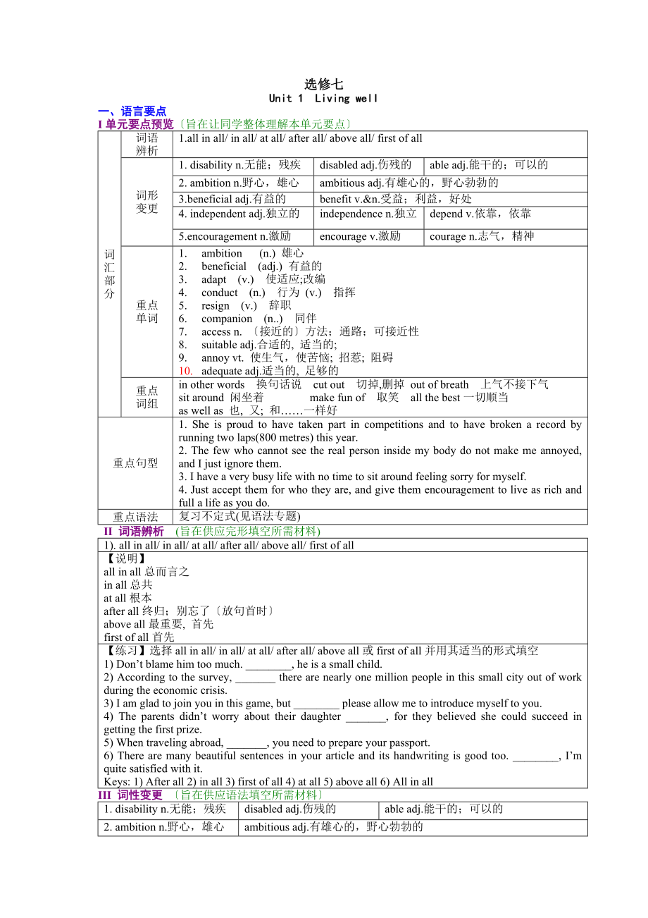 人教版高二英语选修7重要知识点与练习.docx_第1页