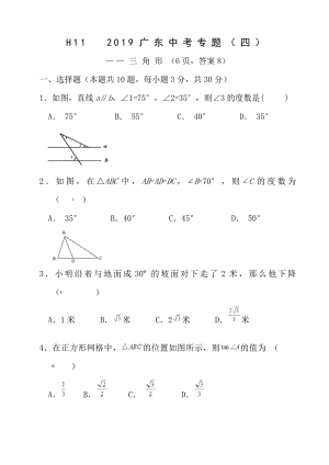 H112017广东实验中考总复习数学专题4三角形6页答案8已变尾注.docx