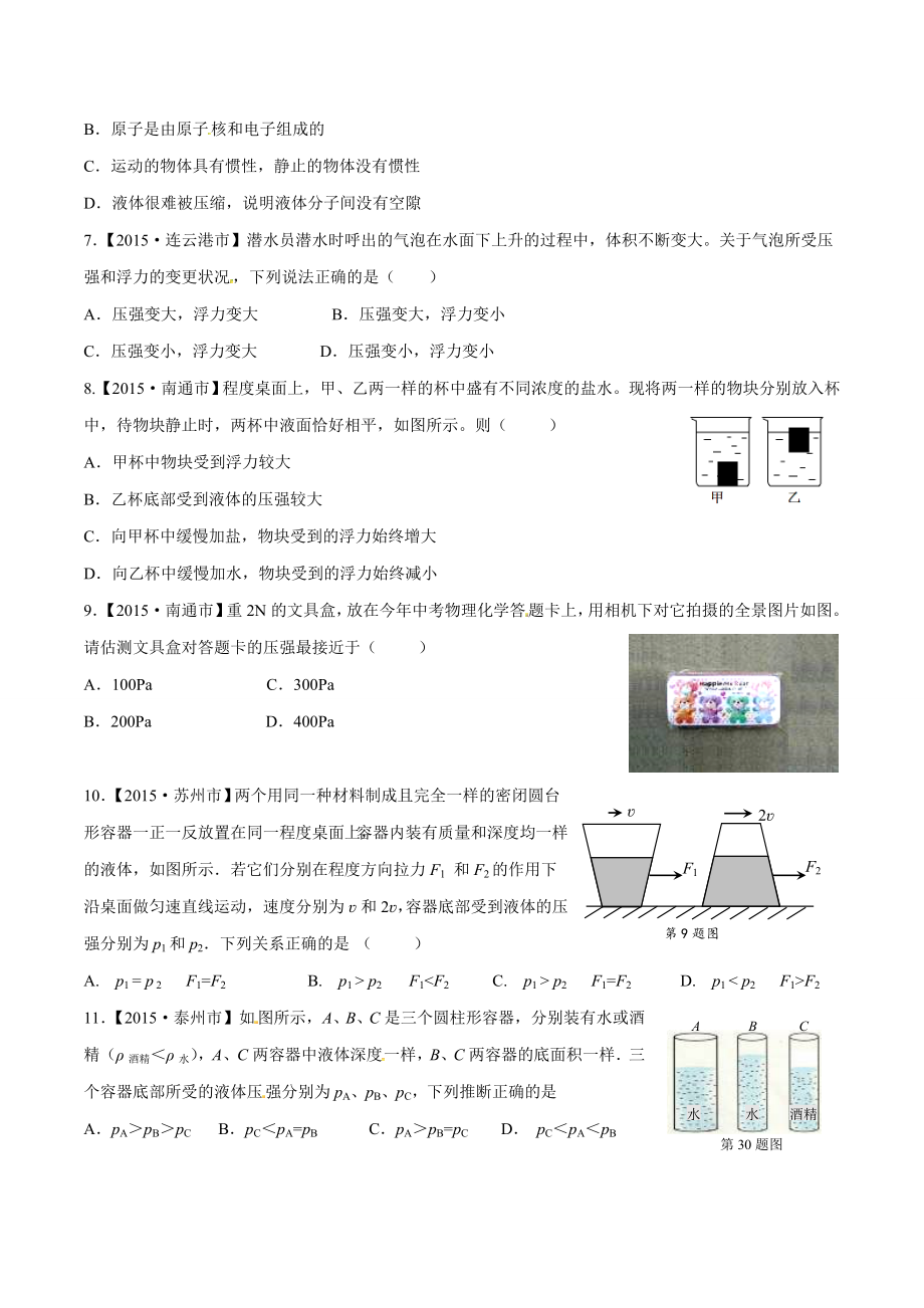 专题07 压强和浮力备战2017年中考三年中考物理真题分省分项解析汇编江苏版原卷版.docx_第2页