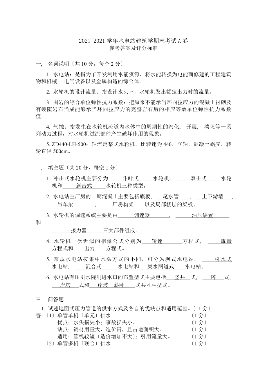 水电站建筑学2011A参考答案及评分标准.docx_第1页