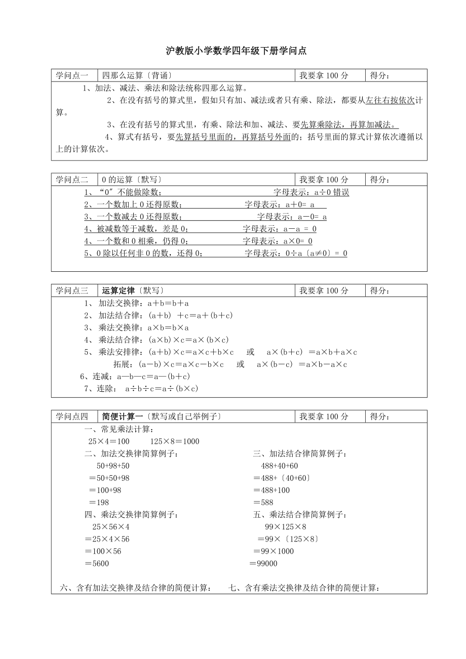 沪教版小学数学四年级下册知识点总复习.docx_第1页