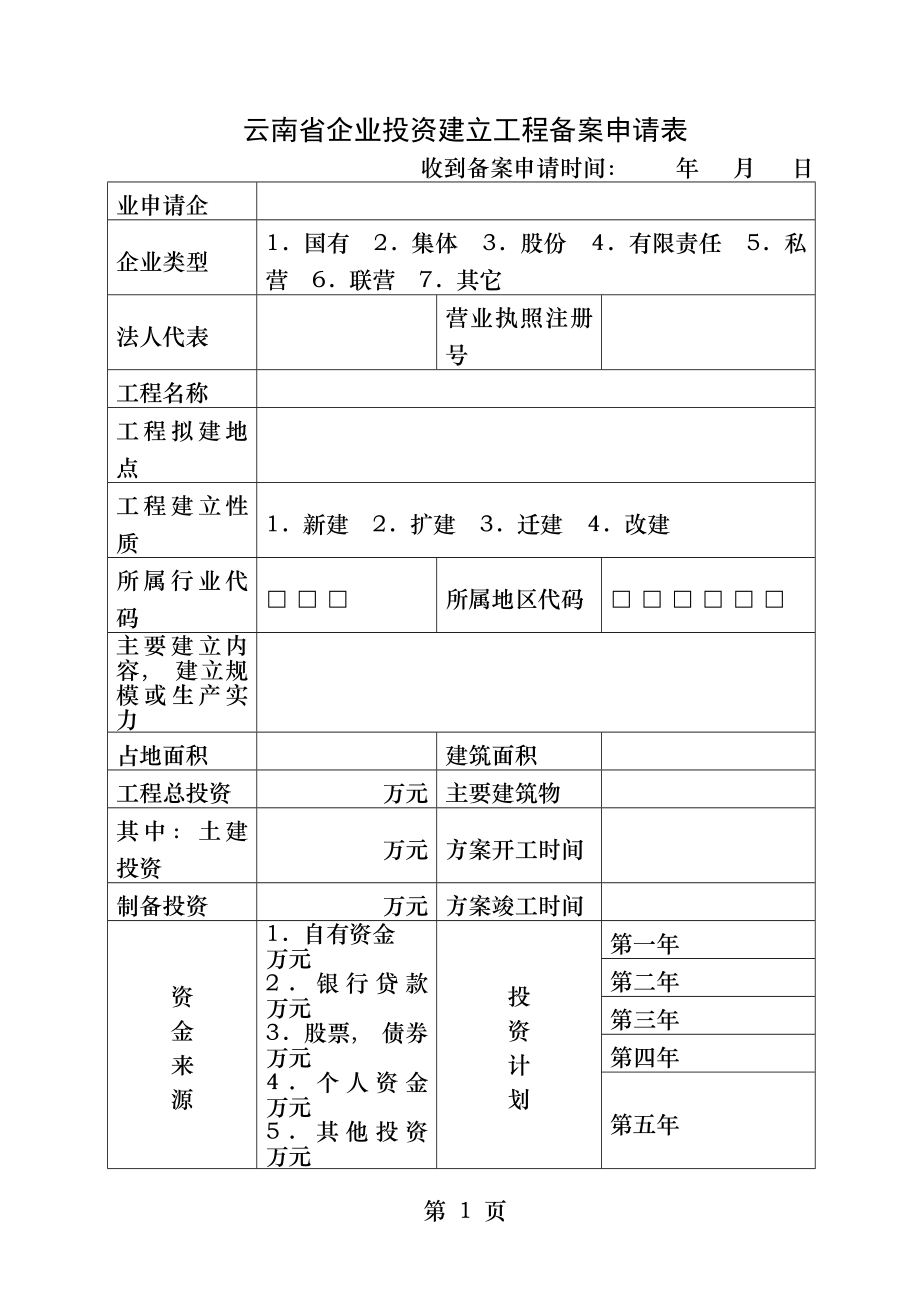 云南省企业投资建设项目备案申请表全套.docx_第1页