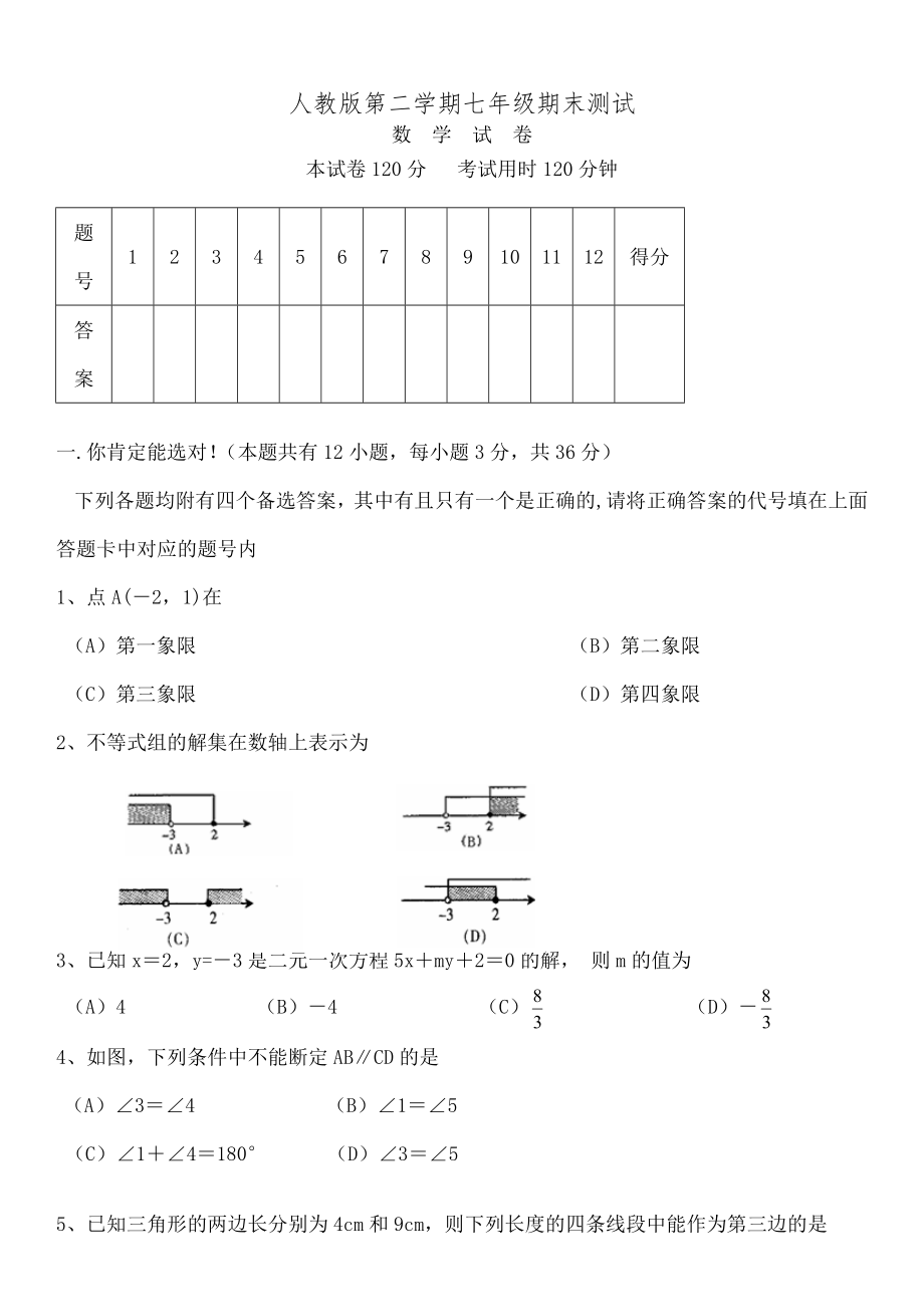 初一第二学期人教版七年级下册数学期末试卷及复习资料.docx_第1页