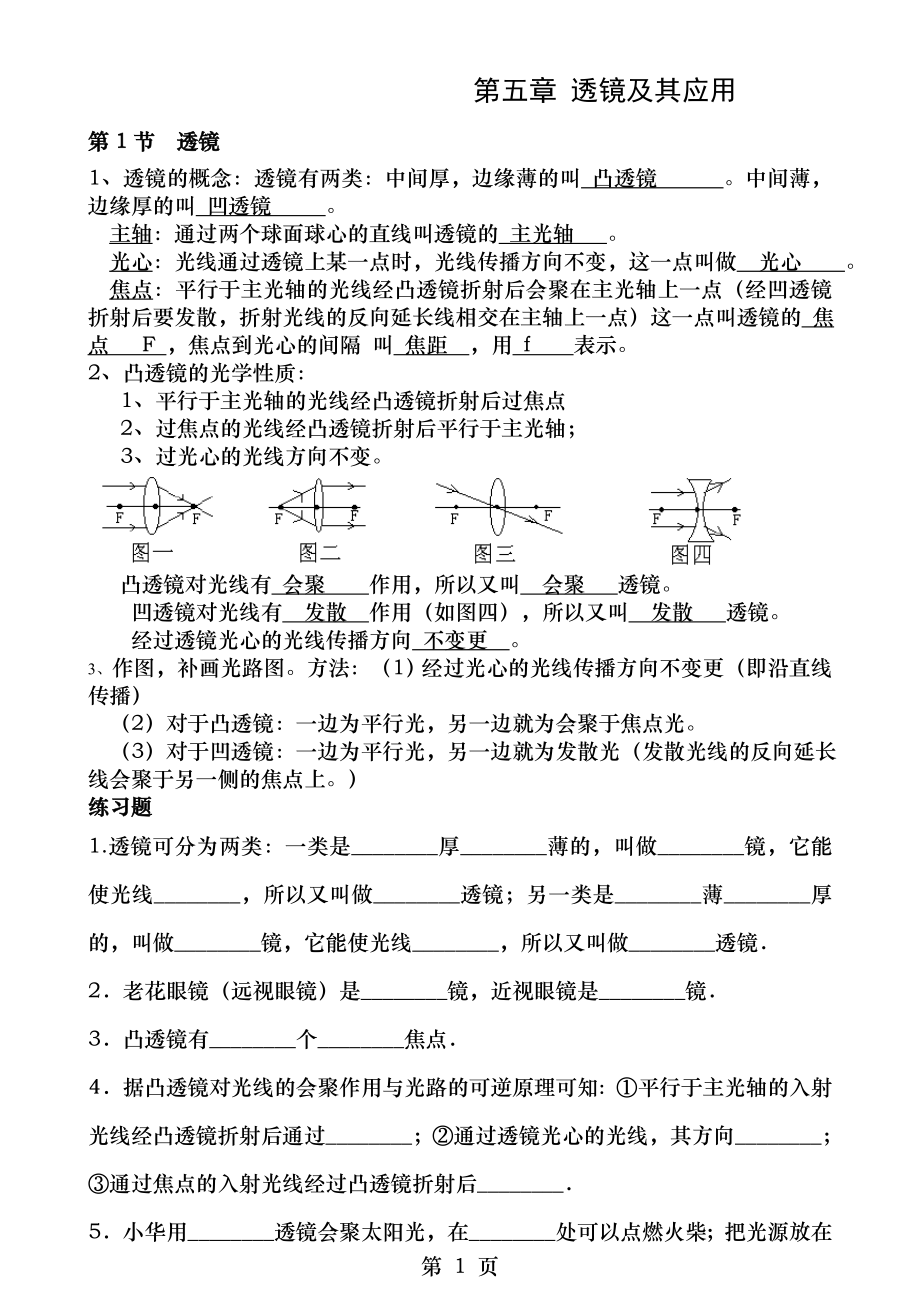 第五章透镜及其应用知识点及练习题.docx_第1页