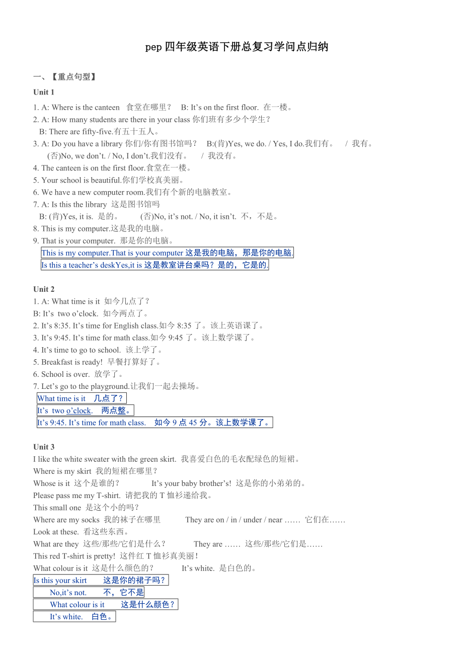 pep四年级英语下册总复习知识点归纳1.docx_第1页