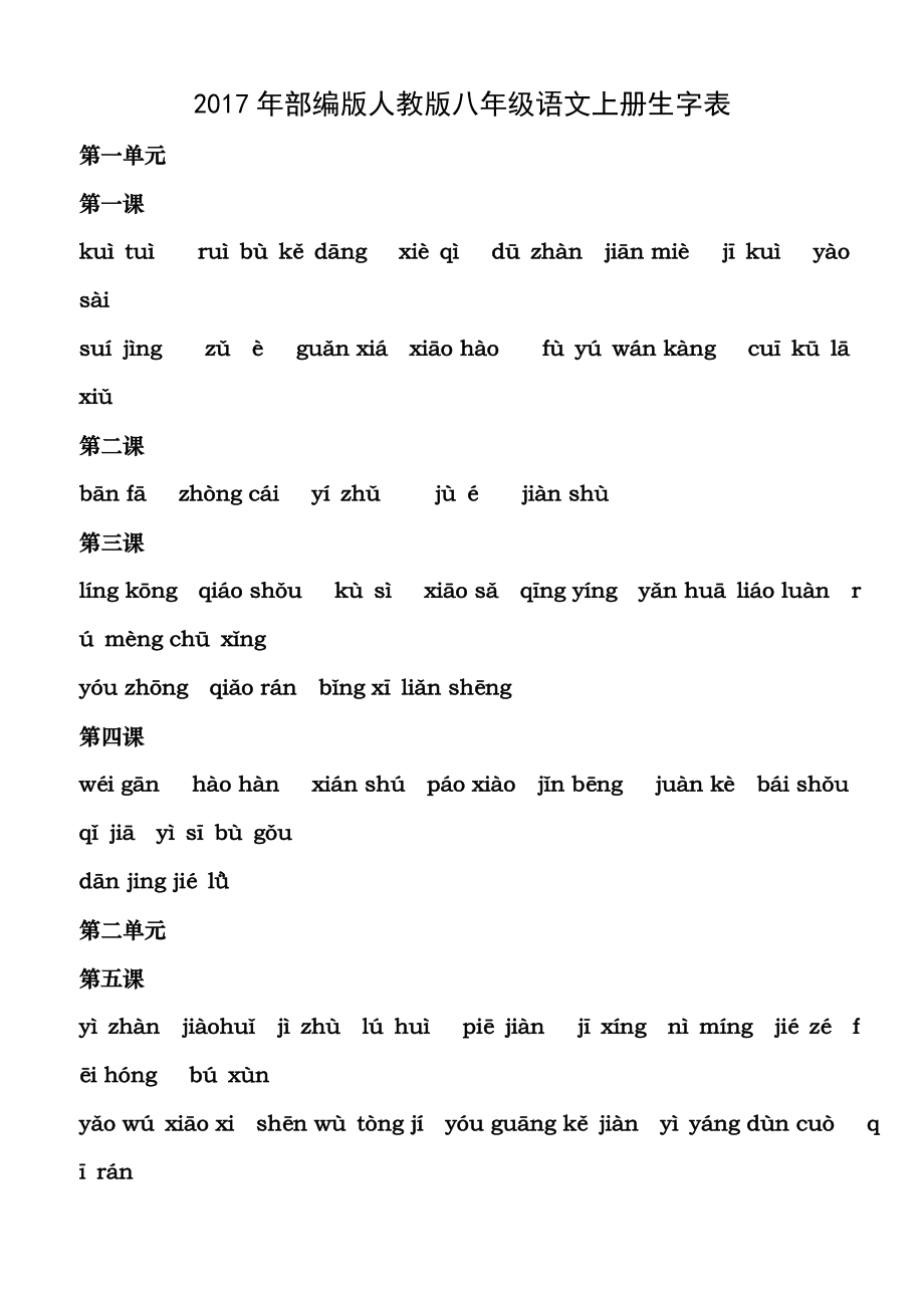 部编版版八年级语文上册生字词训练版含答案.docx_第1页