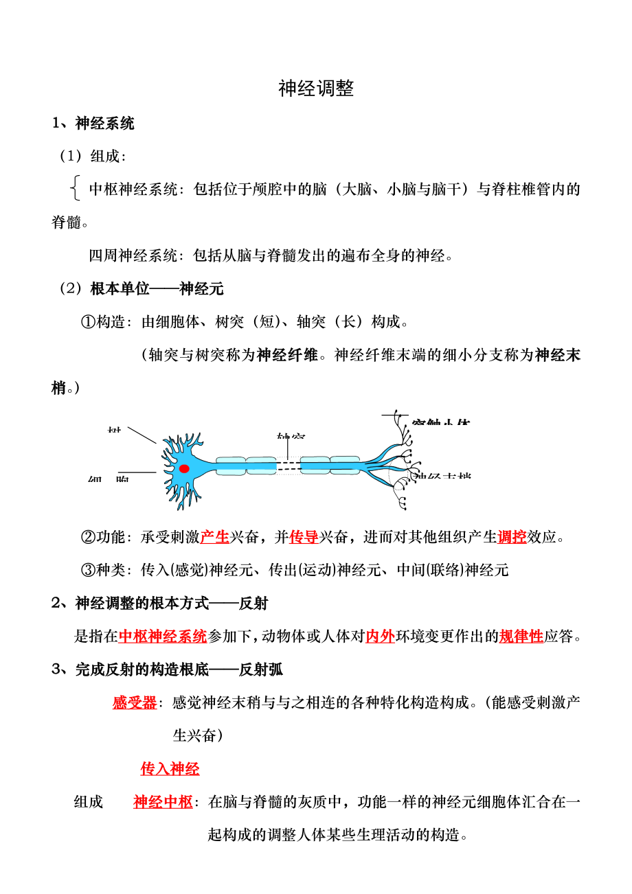 神经体液免疫调节知识点练习答案教案1.docx_第1页