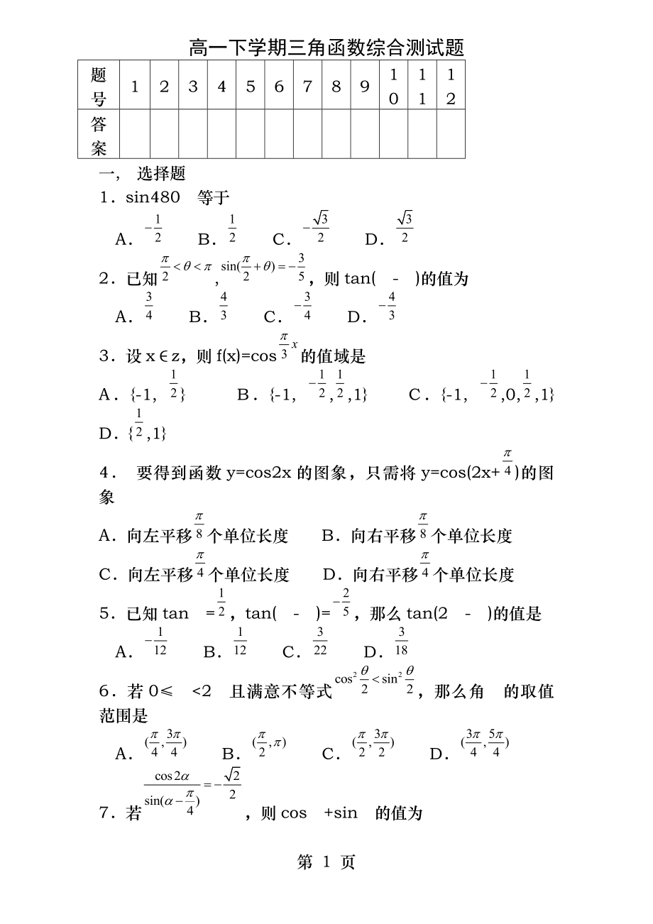 高一下学期三角函数综合测试题(含答案详解).docx_第1页