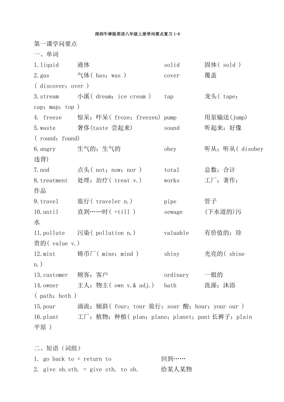 深圳牛津版英语八年级上册知识要点复习1.docx_第1页