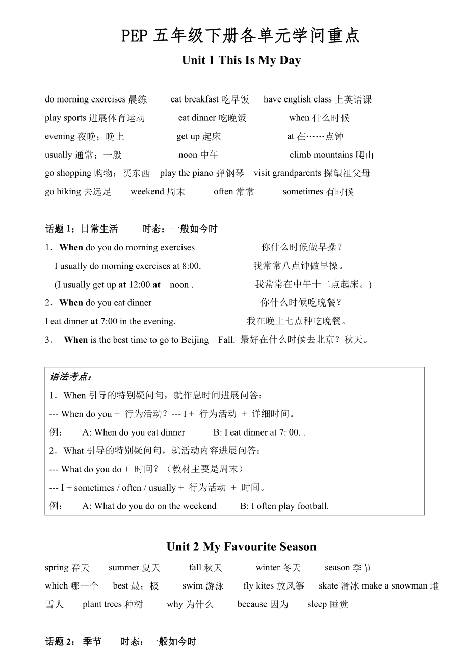 PEP小学英语五年级下册各单元知识重点1.docx_第1页