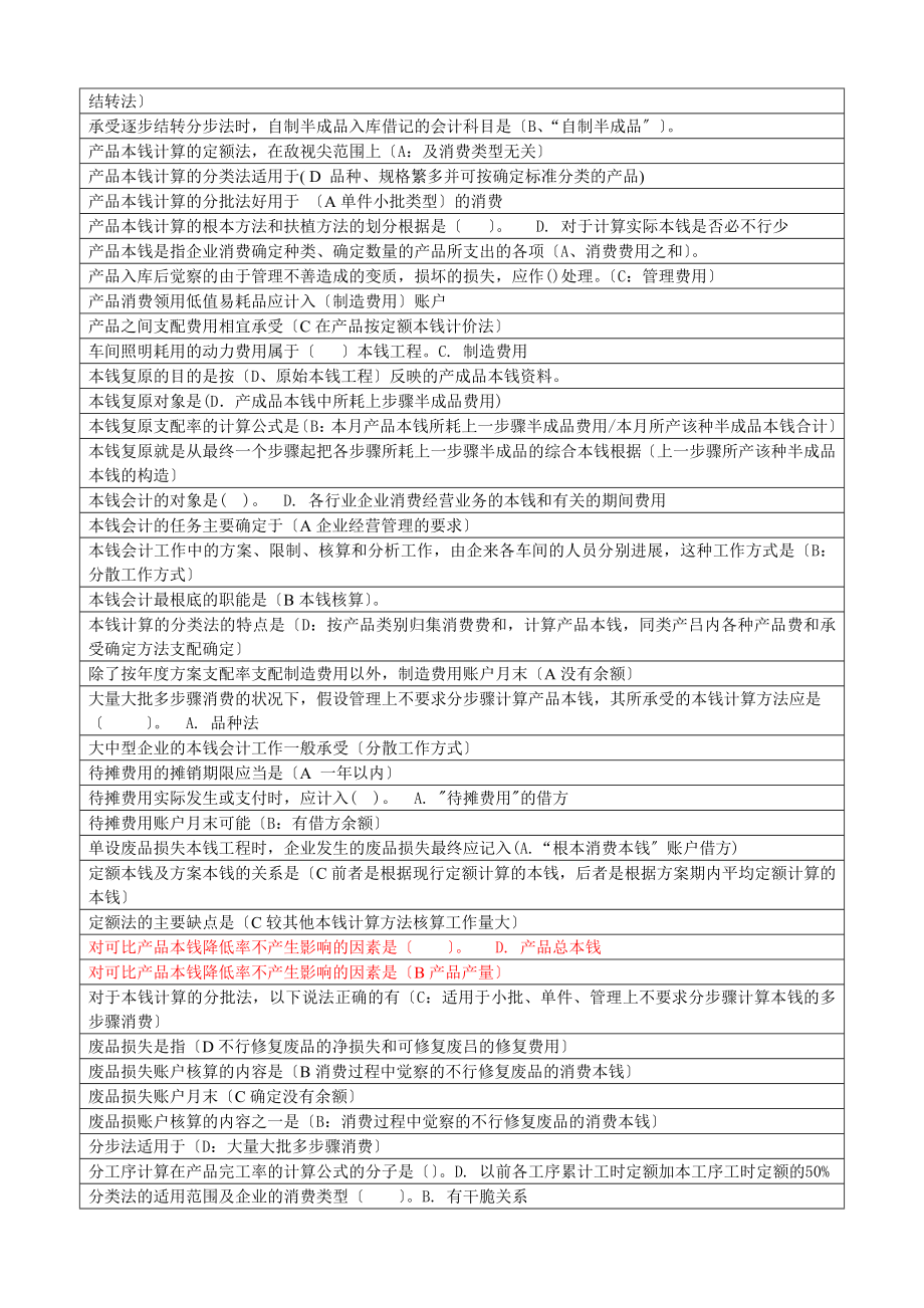 成本会计网考期末考试复习资料单选题.docx_第2页