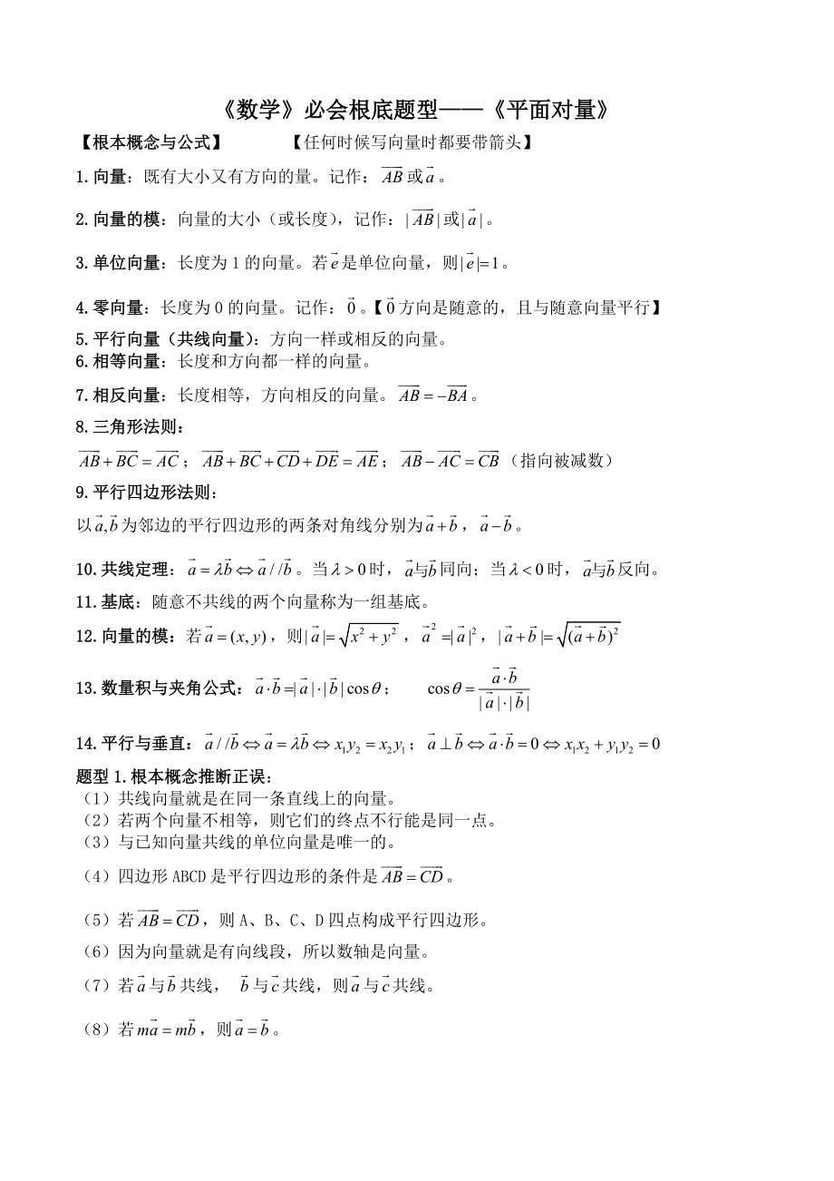 高中数学必修4平面向量知识点与典型例题总结师.docx_第1页