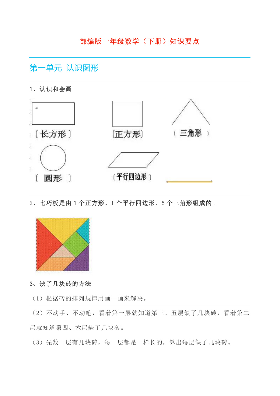 一年级下册数学素材-全册知识要点 人教版.doc_第1页