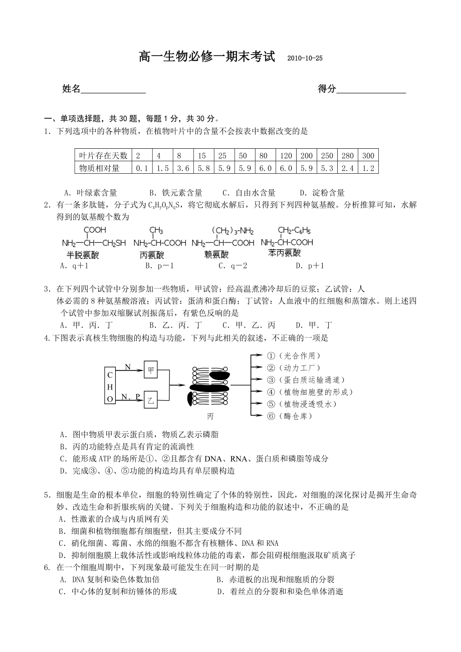 高一生物必修一期末考试1附复习资料80104.docx_第1页