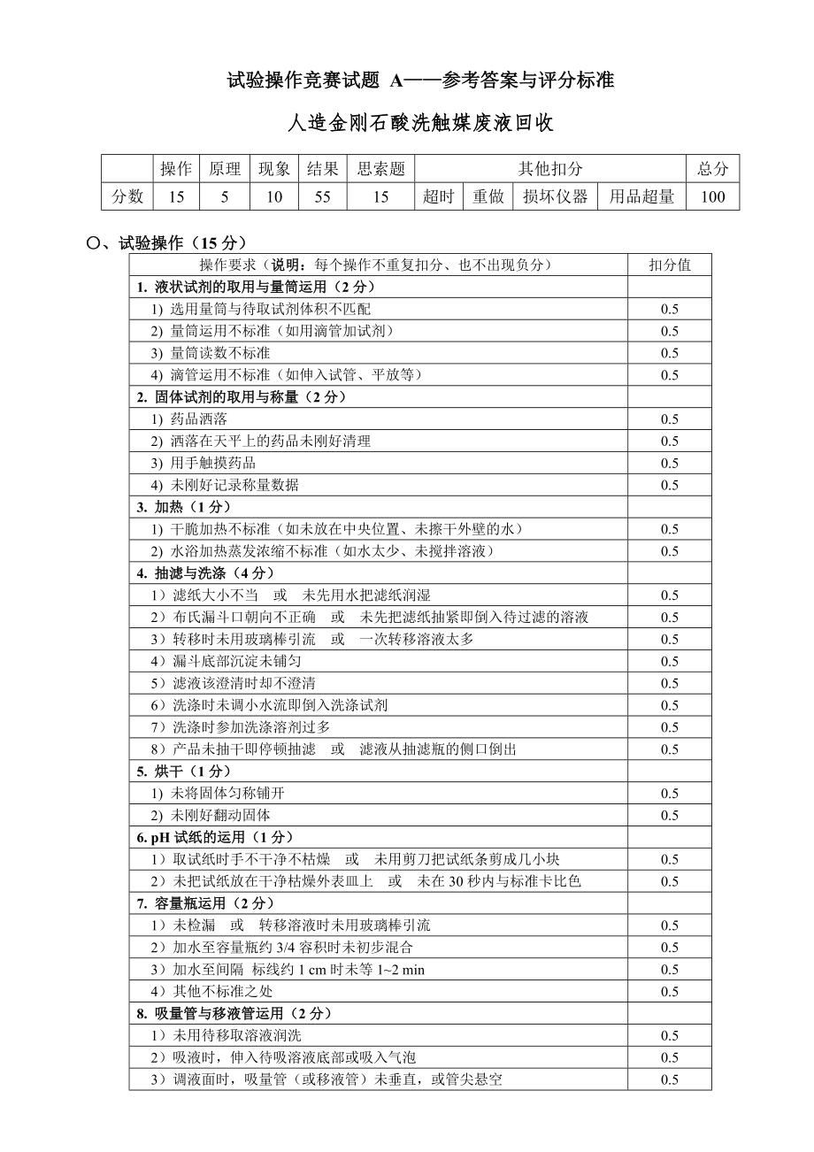 第一届广东省大学生化学实验竞赛实验操作试题A参考答案及评分标准.docx_第1页