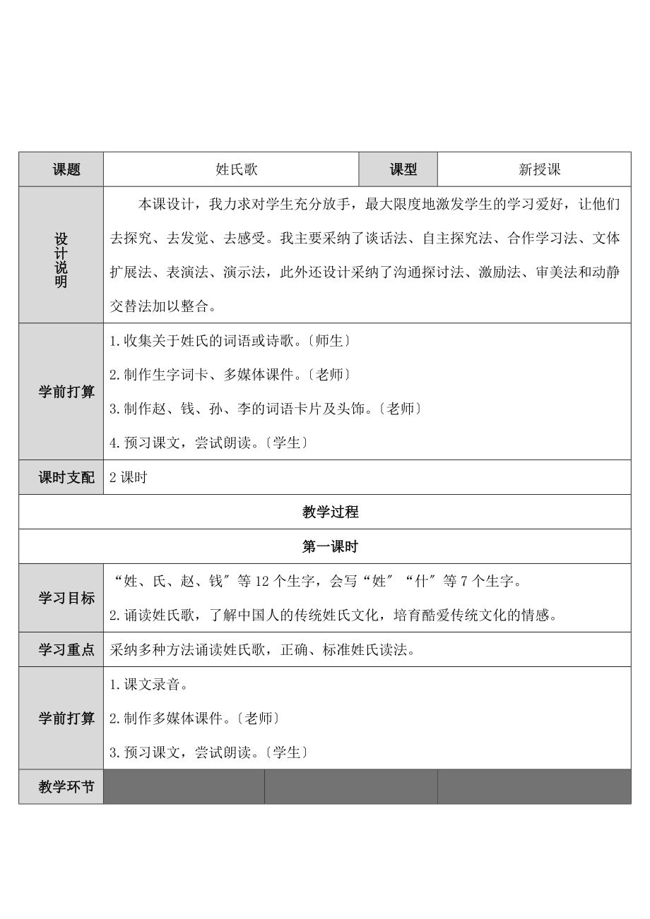 编教材一年级下册语文《姓氏歌》教案.docx_第1页