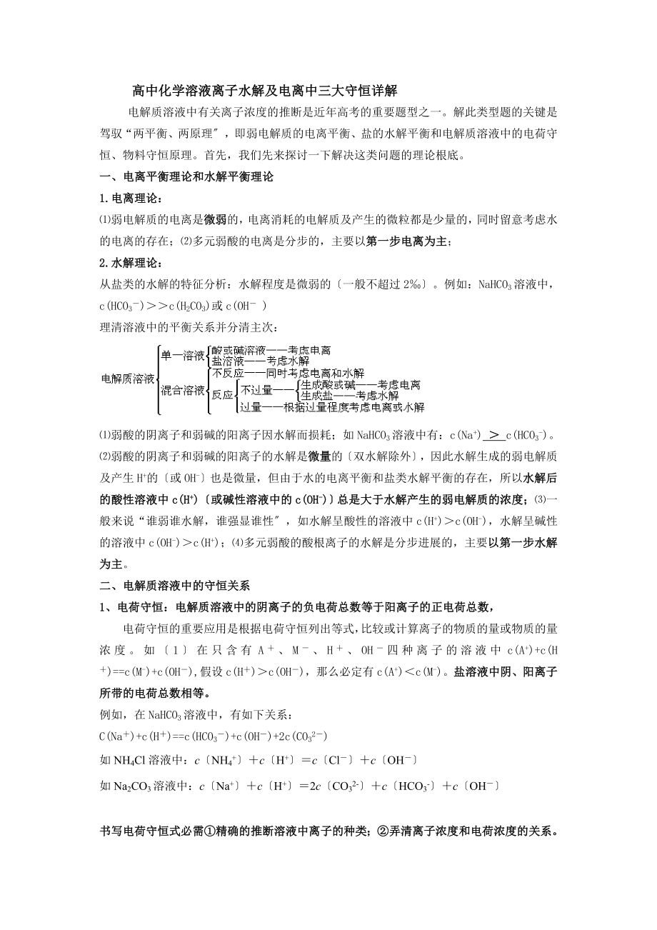 版高中化学溶液离子水解与电离中三大守恒知识点例题习题.docx_第1页