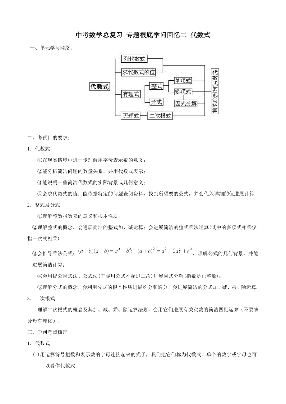 中考数学总复习专题基础知识回顾二代数式.docx_第1页