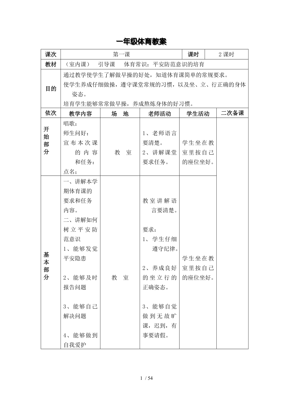 小学一年级体育下册表格式教案.docx_第1页