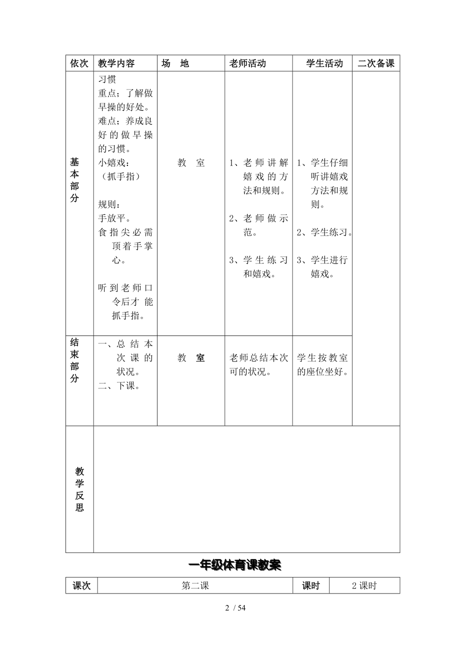 小学一年级体育下册表格式教案.docx_第2页