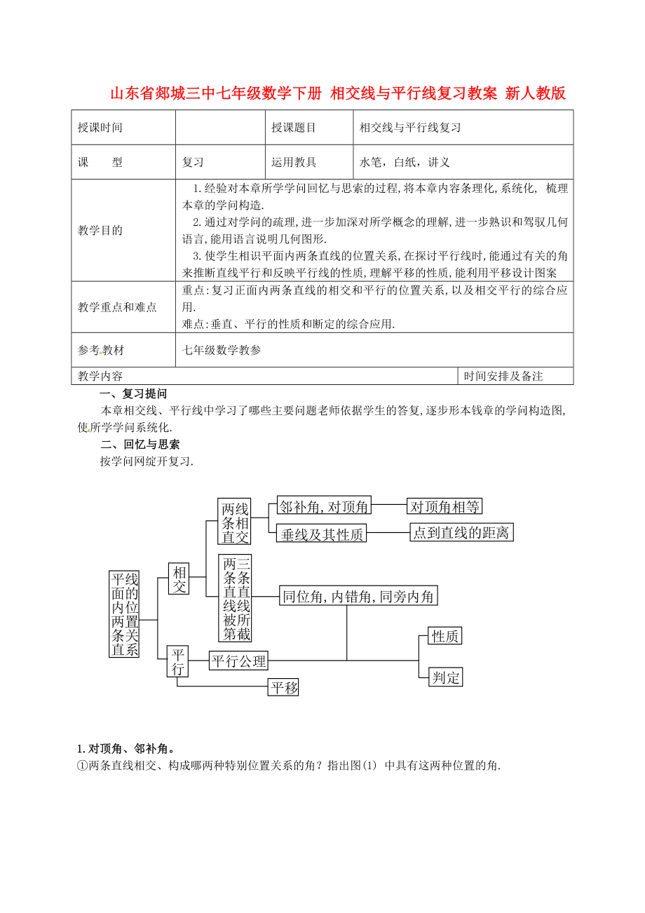 七年级数学下册相交线与平行线复习教案新人教版1.docx_第1页