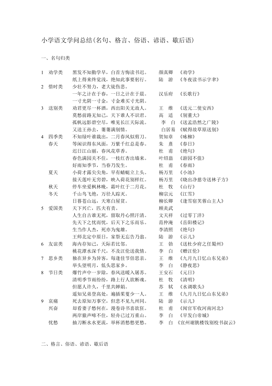 小学语文知识总结名句格言俗语谚语歇后语1.docx_第1页