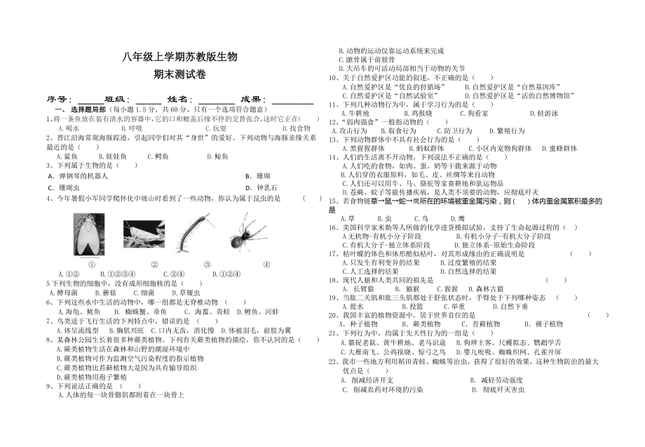 苏教版生物八年级上册期末考试试卷含答案.docx_第1页