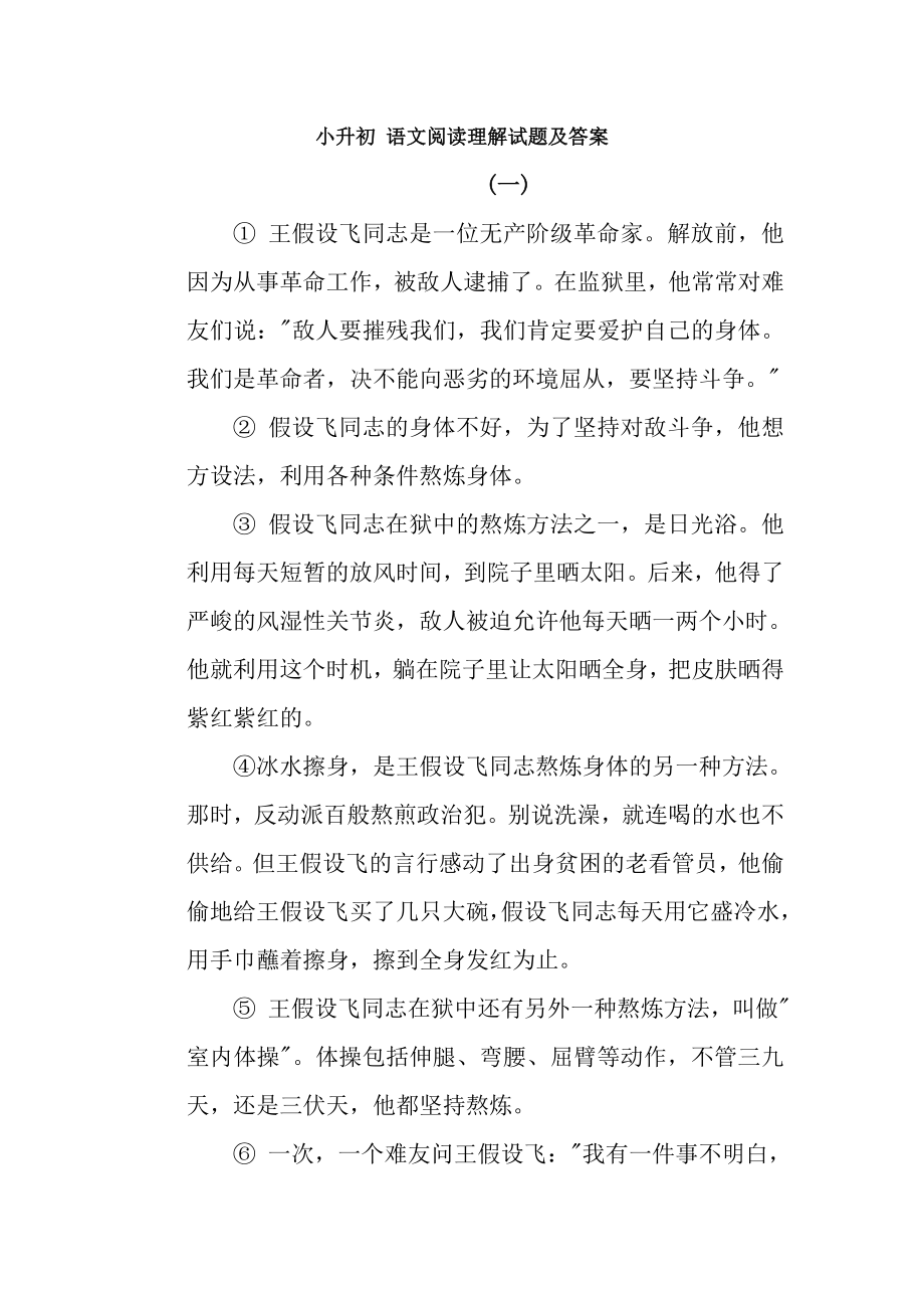 小升初语文阅读理解试题及复习资料.docx_第1页